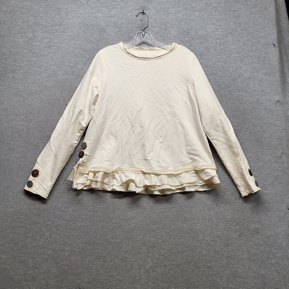Neon Buddha Women Blouse M Ivory Ruffle Hem Button Crew Neck Pullover